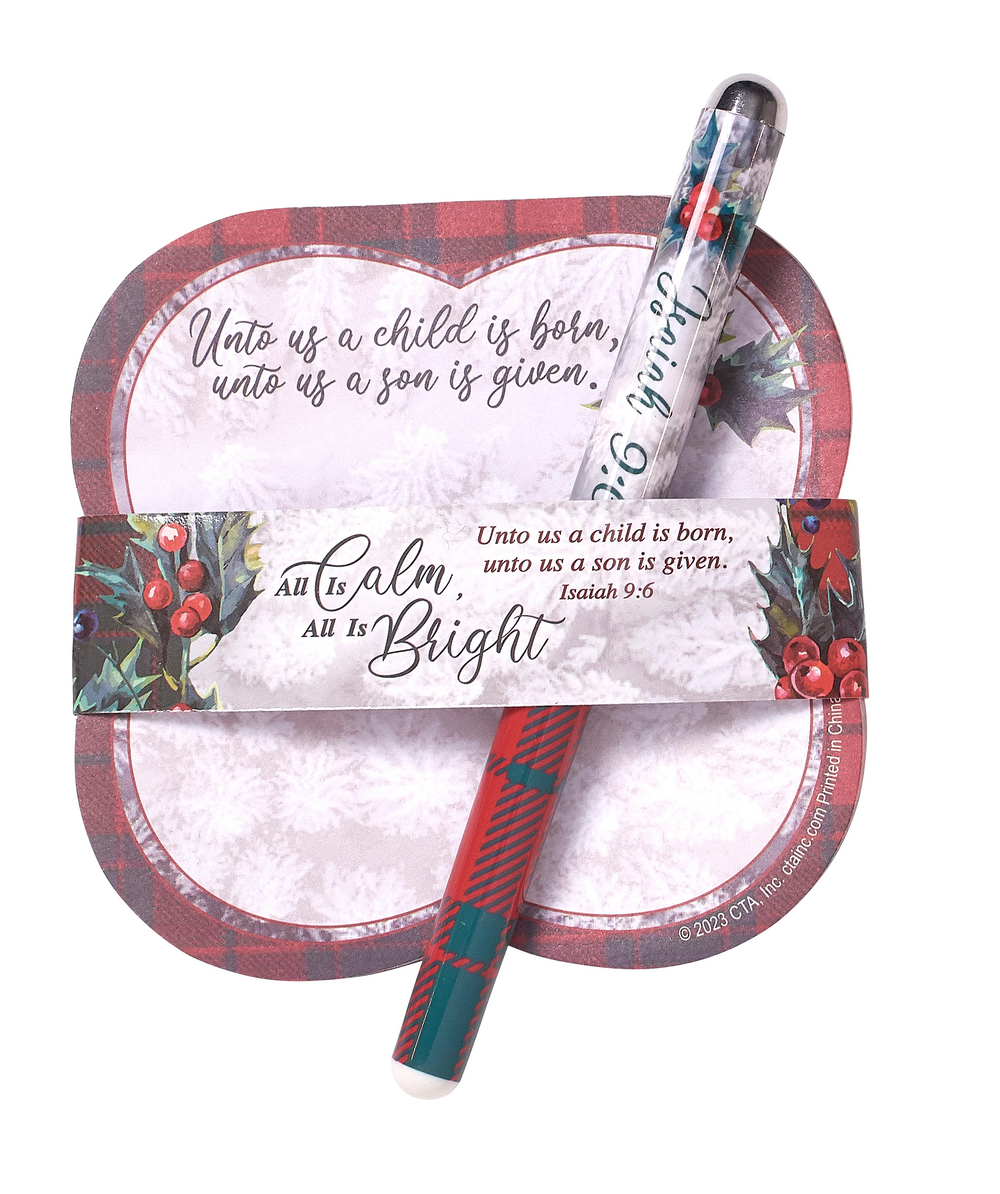 Matching notepad and pen with paper ribbon - All Is Calm All Is Bright