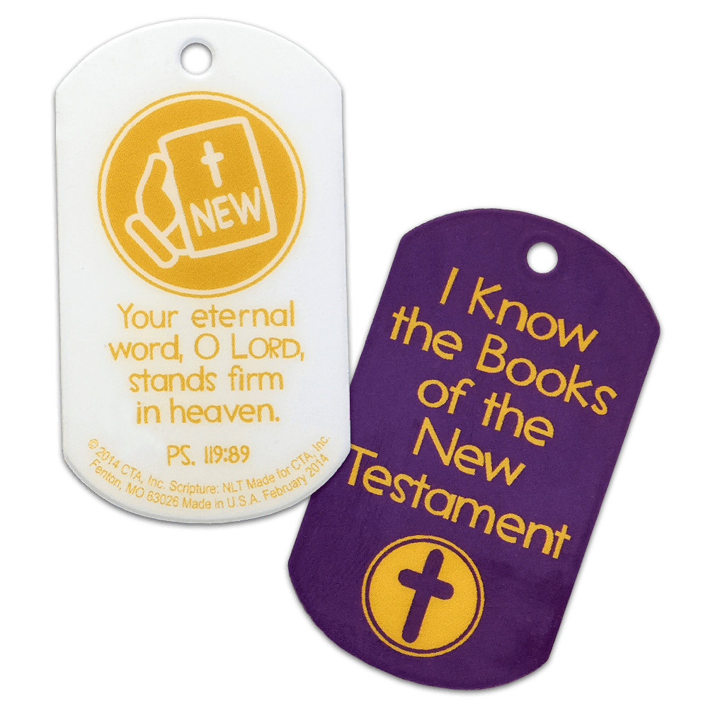 Set of 6 laminated dog tags (1" x 2") with KJV scripture, each featuring a 1/8" hole for a chain.
615122-15861-6
