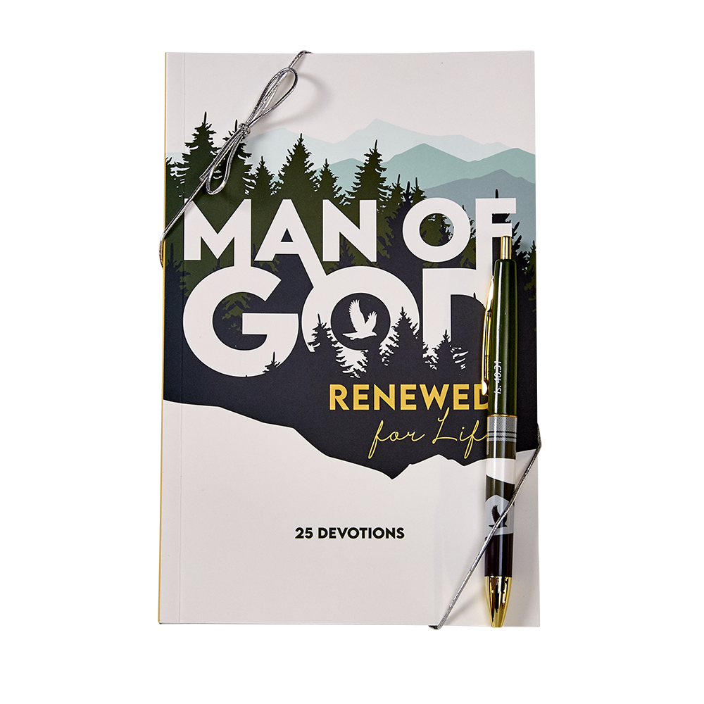 Man of God Renewed for Life Devotion Book & Pen set packaged with stretch bow