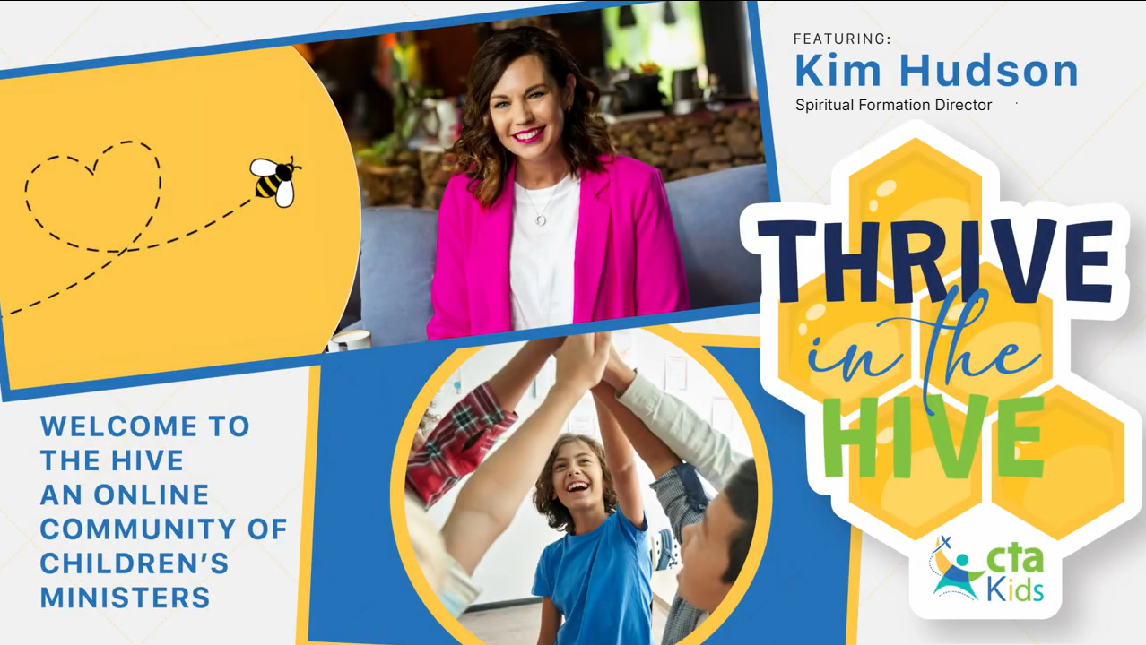 Promotional graphic for 'Thrive in the Hive' with images of people and text about an online community for children's ministers.