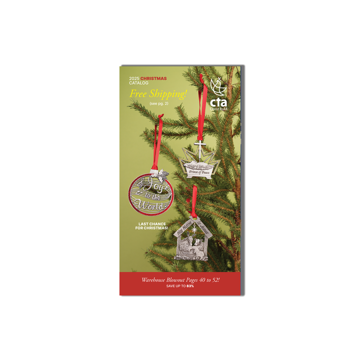 CTA Christmas catalog cover featuring ornaments of faith® on a Christmas tree