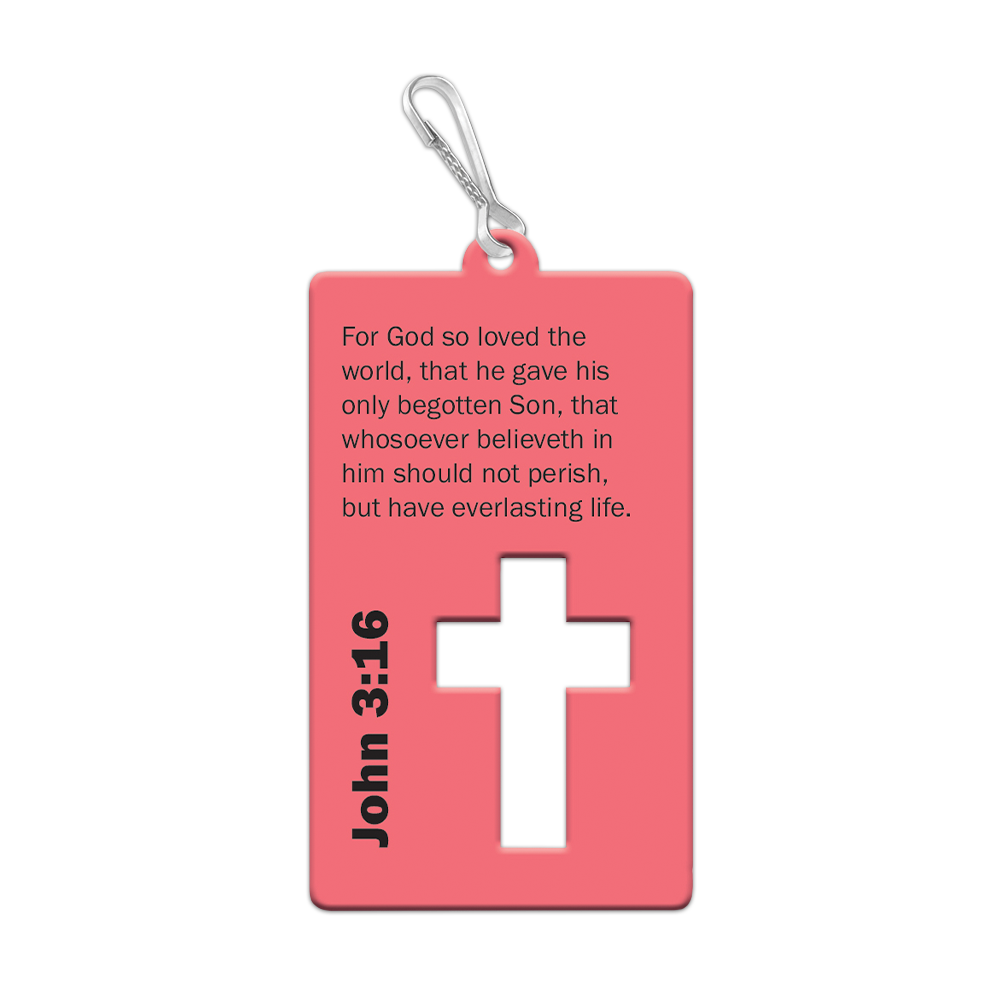 Backpack tag (2½" x 1½") with cut-out cross and Bible verse, includes lanyard clip for attaching to bags or zipper pulls.
615122-16471-6
