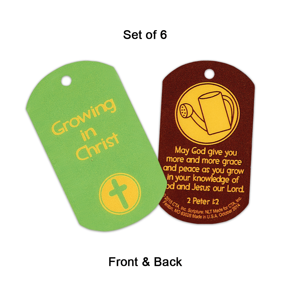 Front and back of Growing in Christ Dog Tags