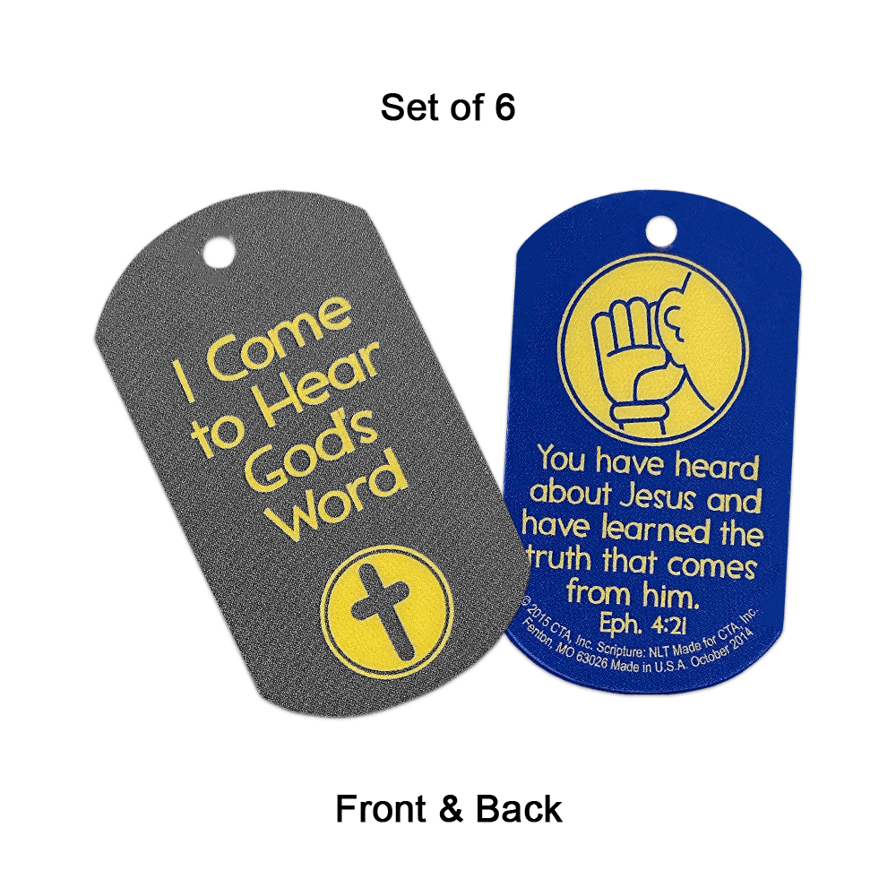 Front and Back of I Come to Hear God's Word Dog Tags for Kids