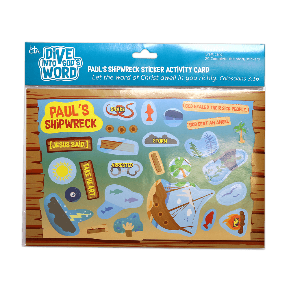 Activity card set (8" x 5½") featuring a 2-sided sheet with a buildable scene on one side, Paul’s shipwreck story on the other, and 29 stickers to complete both sides—instructions included on header bag.
615122-15853-1