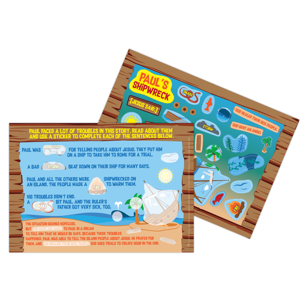 Paul's shipwreck sticker activity page shown front and back