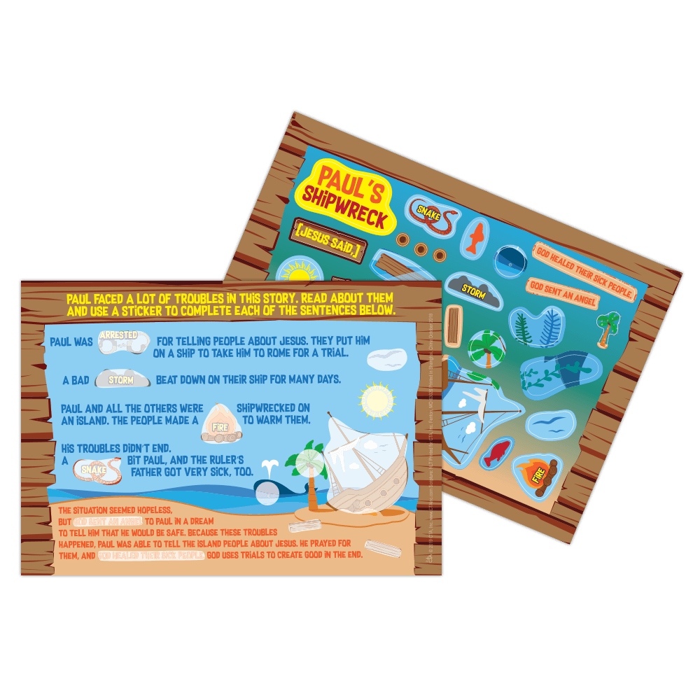 Activity card set (8" x 5½") featuring a 2-sided sheet with a buildable scene on one side, Paul’s shipwreck story on the other, and 29 stickers to complete both sides—instructions included on header bag.
615122-15853-1