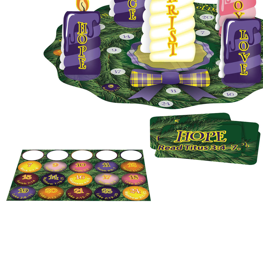 Closeup or 24 ornament stickers  and 5 Scripture cards that come with the Night Like No Other Advent Wreath Activity for children