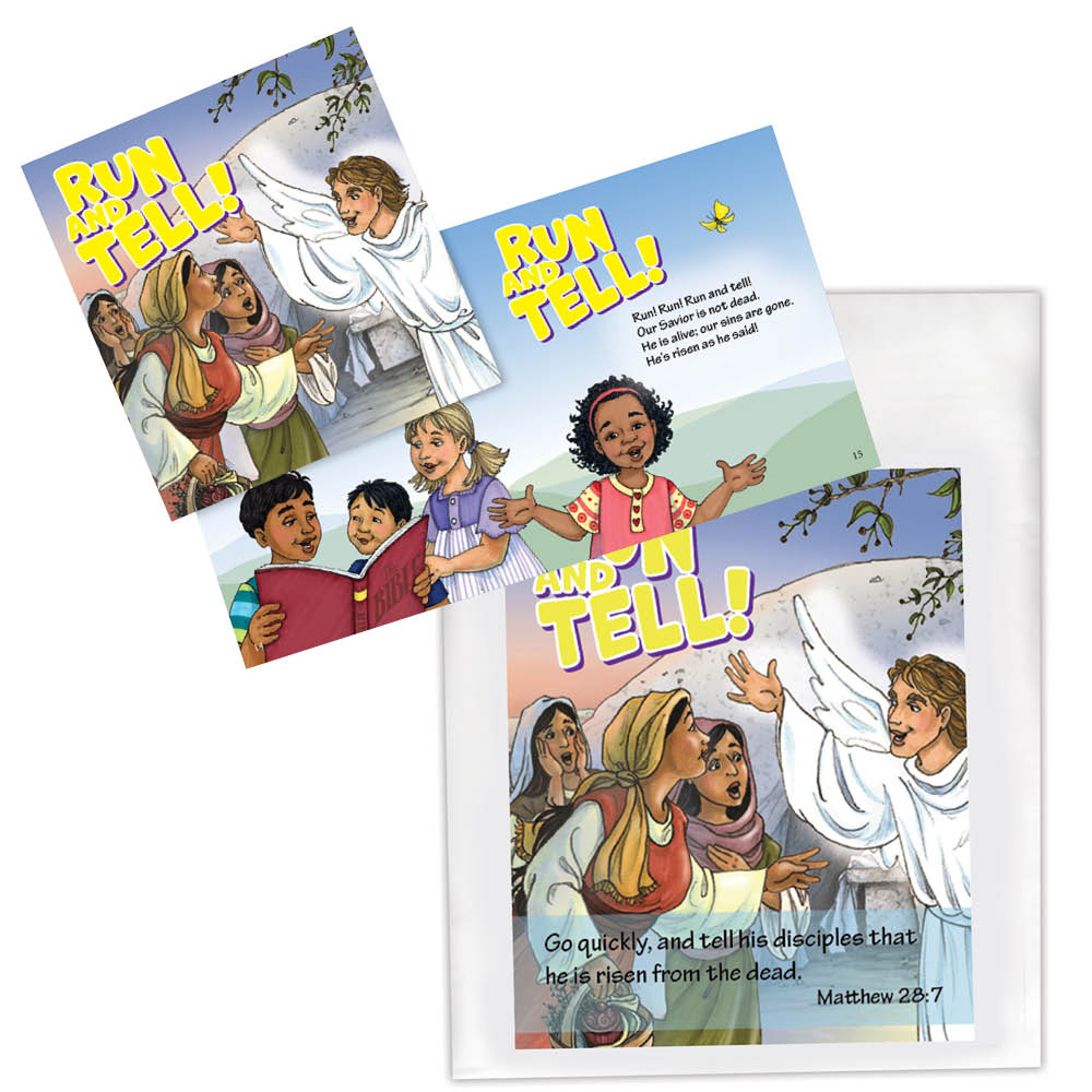Soft cover Run and Tell Easter book for kids plus matching goodie bag