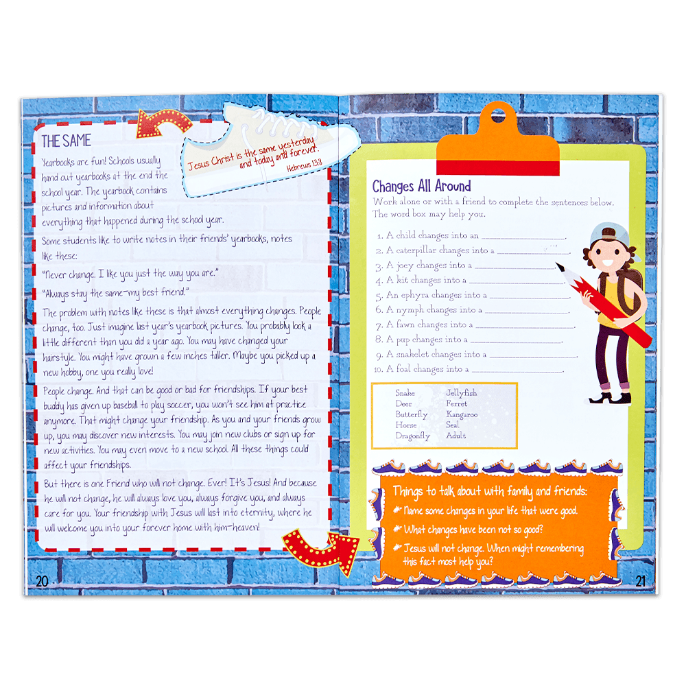 Inside spread of Walking with Jesus activity book written for Christian kids ages 7-11