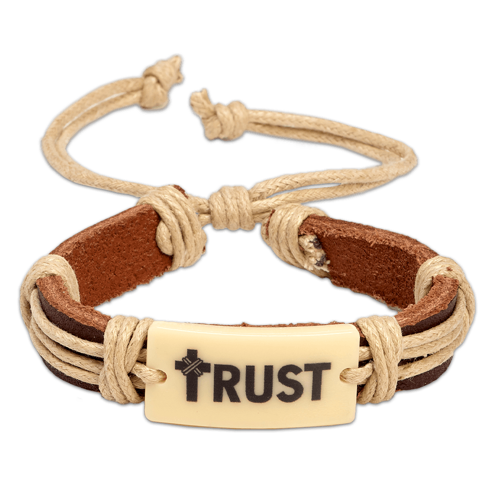 Leather and corded bracelet with the word Trust featuring a cross