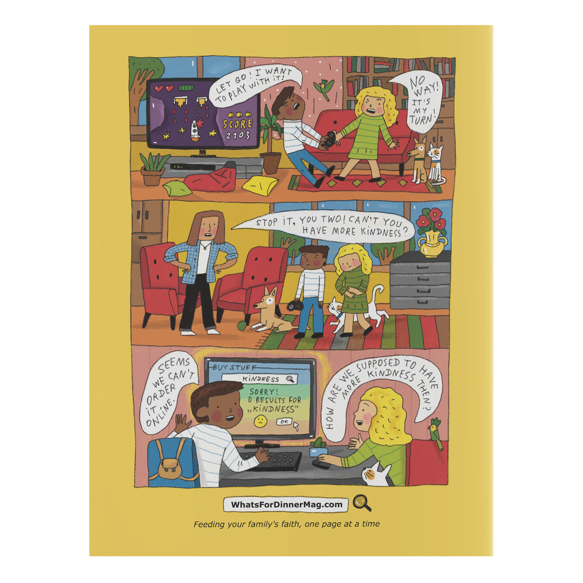 A single-page illustrated comic/poster with three cartoon panels showing a family dinner scene and humorous dialogue, printed on a yellow background with the text WhatsForDinnerMag.com and a small logo at the bottom by CTA Christ to All & CTAKids.