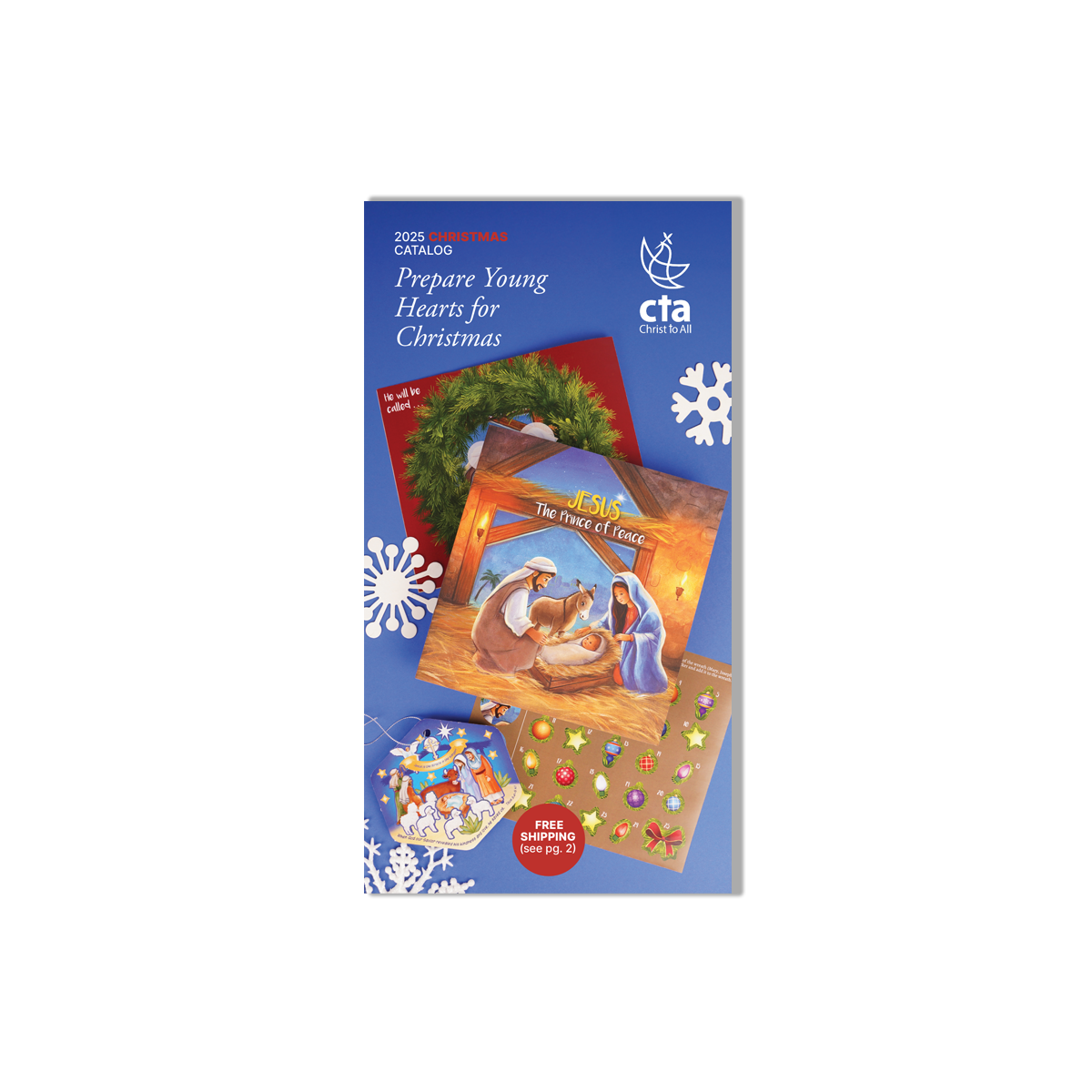 CTA Christmas catalog cover with nativity scene and snowflakes on a white background