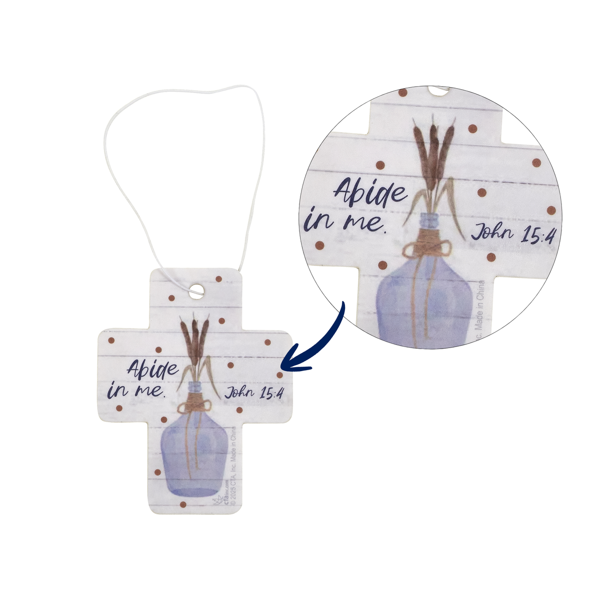 Decorative cross with a bottle design and 'Abide in me' text on a white background by CTA Christ to All & CTA Gifts.
