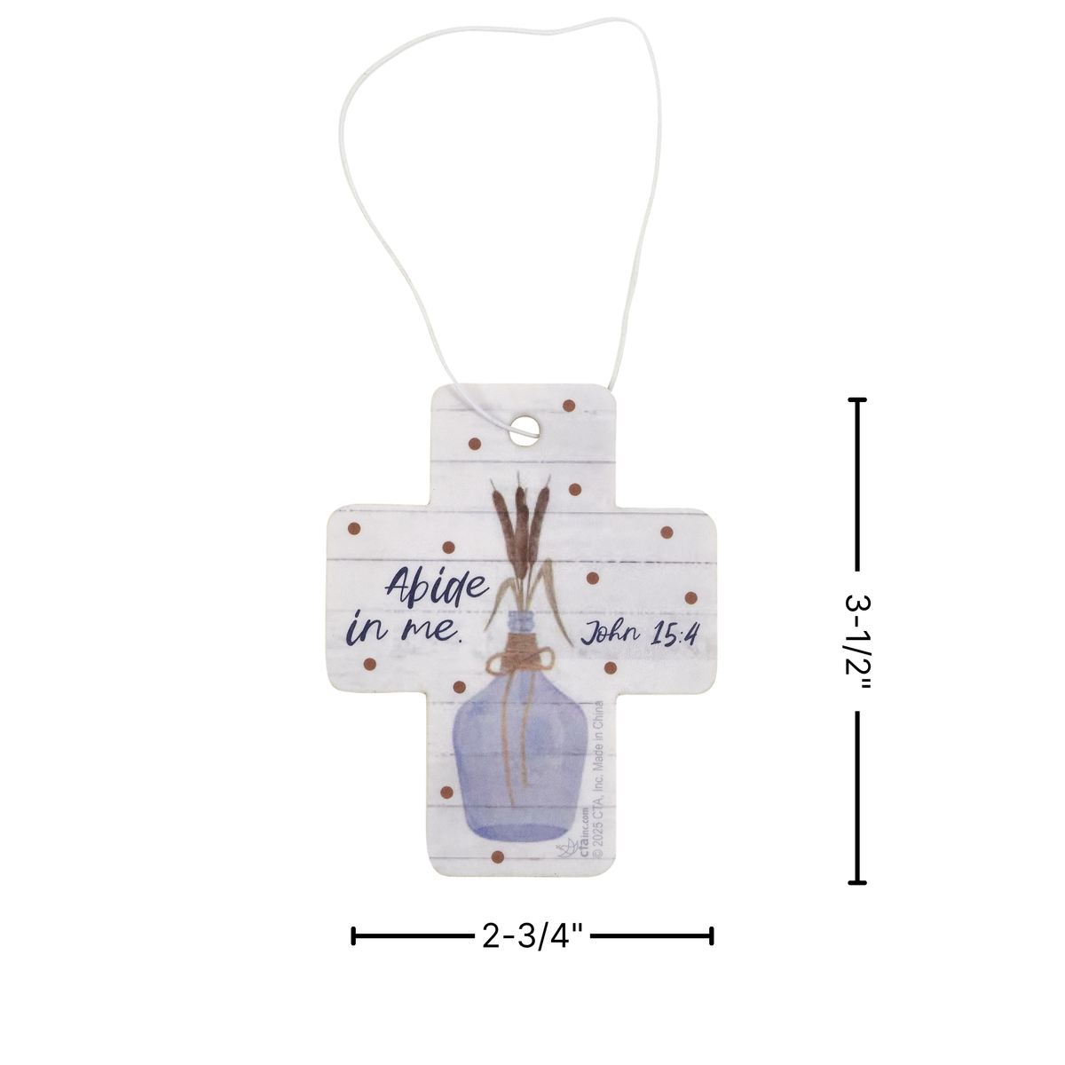 Decorative cross with a bottle and plant design, featuring text 'Abide in me John 15:4', on a white background with measurements by CTA Christ to All and CTA Gifts.