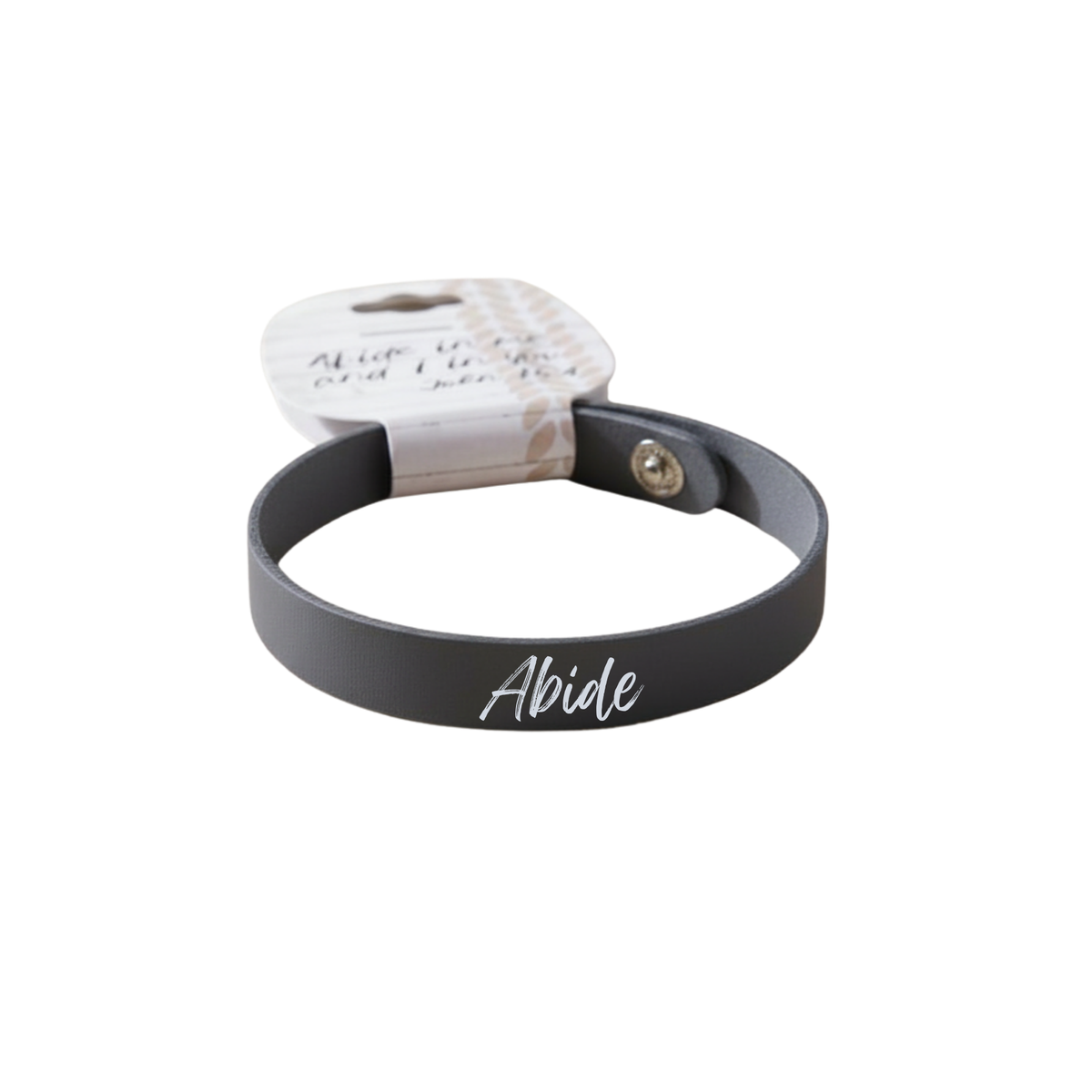 Black wristband with 'Abide' text on a white background by CTA Christ to All & CTA Gifts.