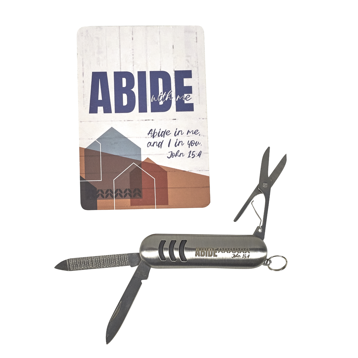 Pocket knife with 'ABIDE' notebook on a white background by CTA Christ to All & CTA Gifts.