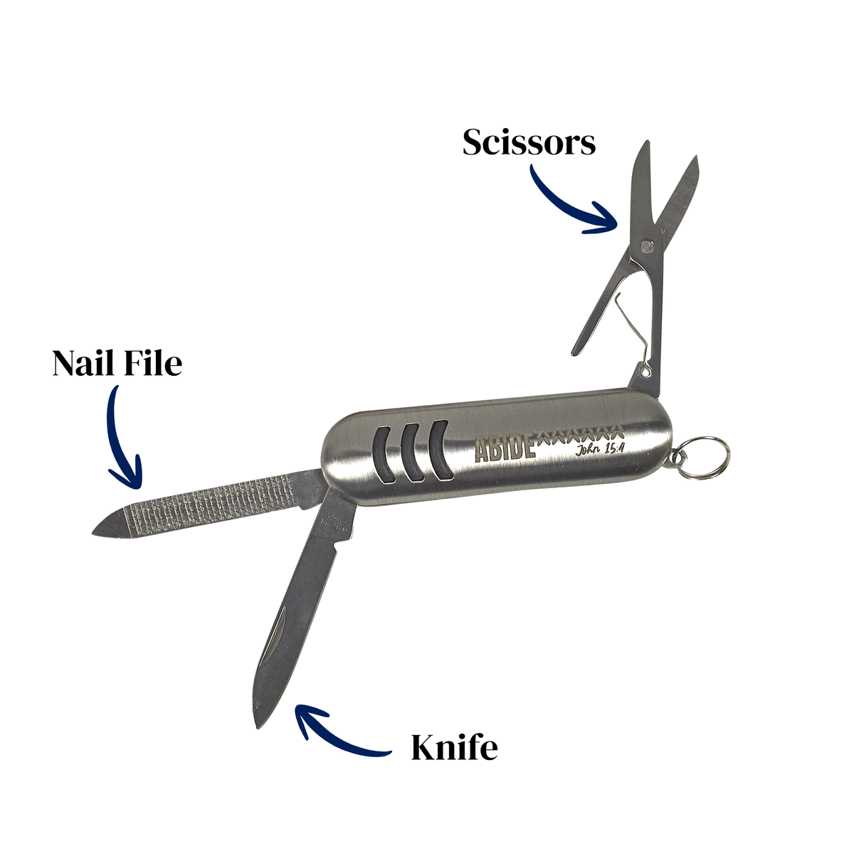 Multitool with knife, scissors, and nail file on a white background by CTA Christ to All & CTA Gifts.