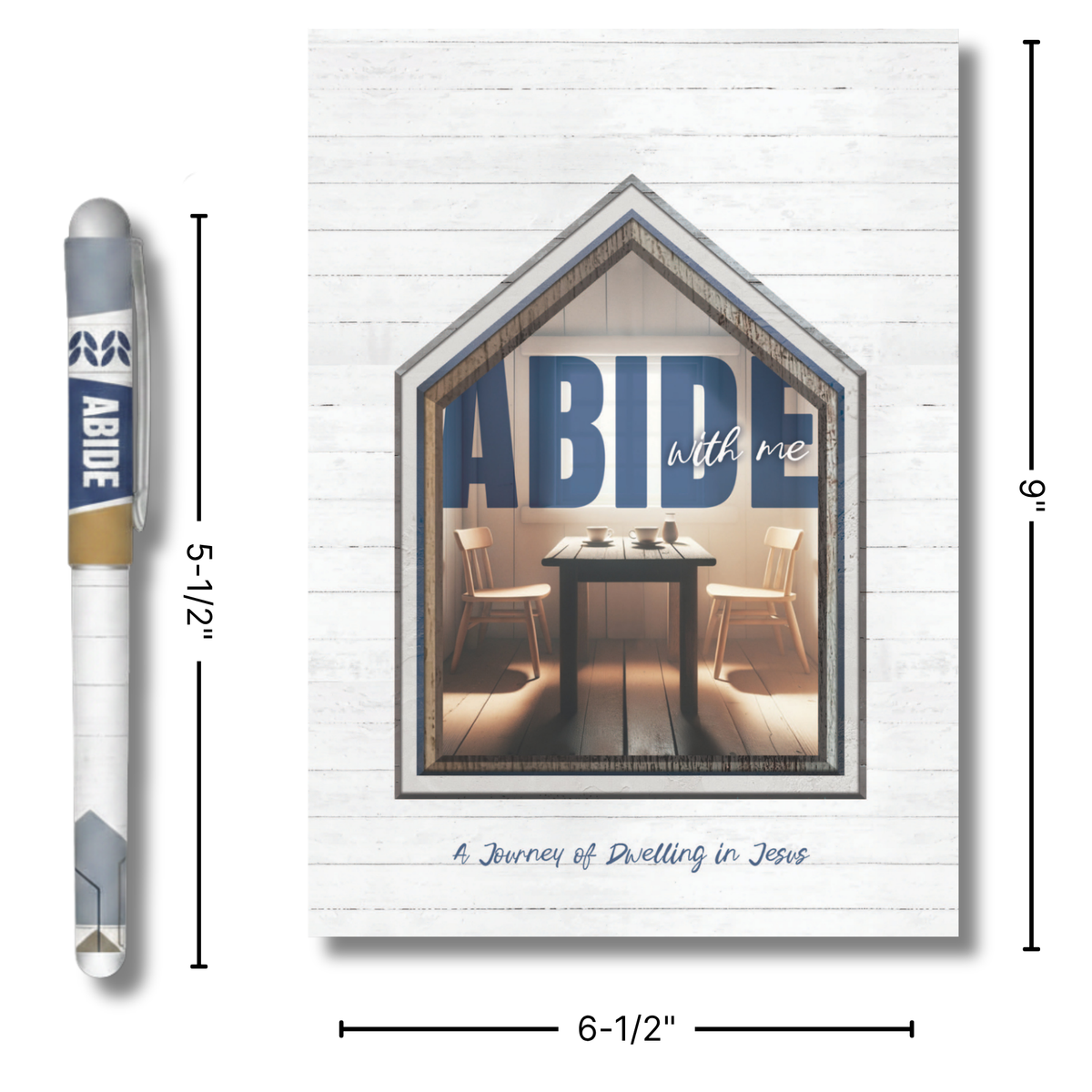 A printed card or sign shown with dimension lines and a pen for scale. The main product is a white wood-plank style card featuring a house-shaped window image with the words “ABIDE with me” and a small table scene inside by CTA Christ to All & CTA Gifts.