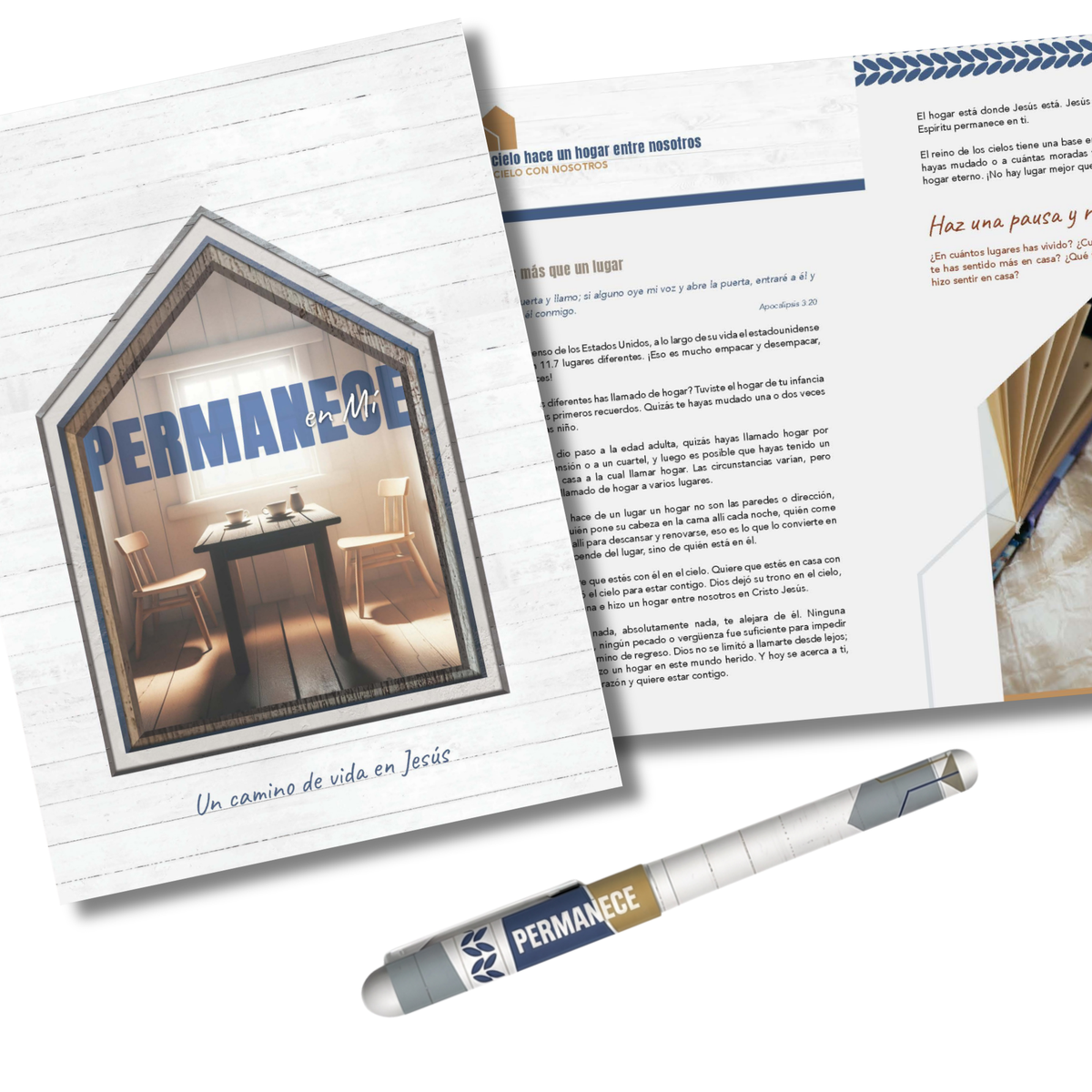 A printed booklet or magazine-style publication shown open with two pages visible, plus a matching branded pen placed in front. The cover and pen both display the word 'PERMANEZE' over a house-shaped photo of a dining table and chairs by CTA Christ to All & CTA Gifts.