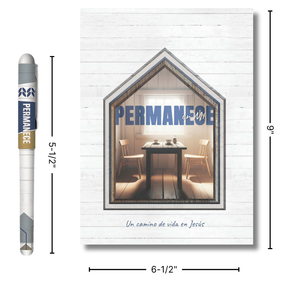 A product listing showing a small printed pen and a matching printed card or plaque with dimension callouts. The pen is white with blue and gold branding and the word PERMANECE by CTA Christ to All and CTA Gifts.