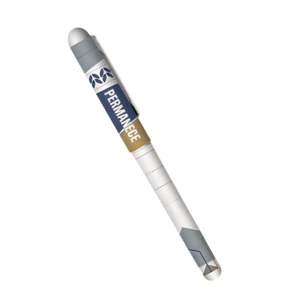 A white and gray stylus pen with a blue and gold 'PERMANENCE' logo band, shown diagonally on a plain white background by CTA Christ to All and CTA Gifts.