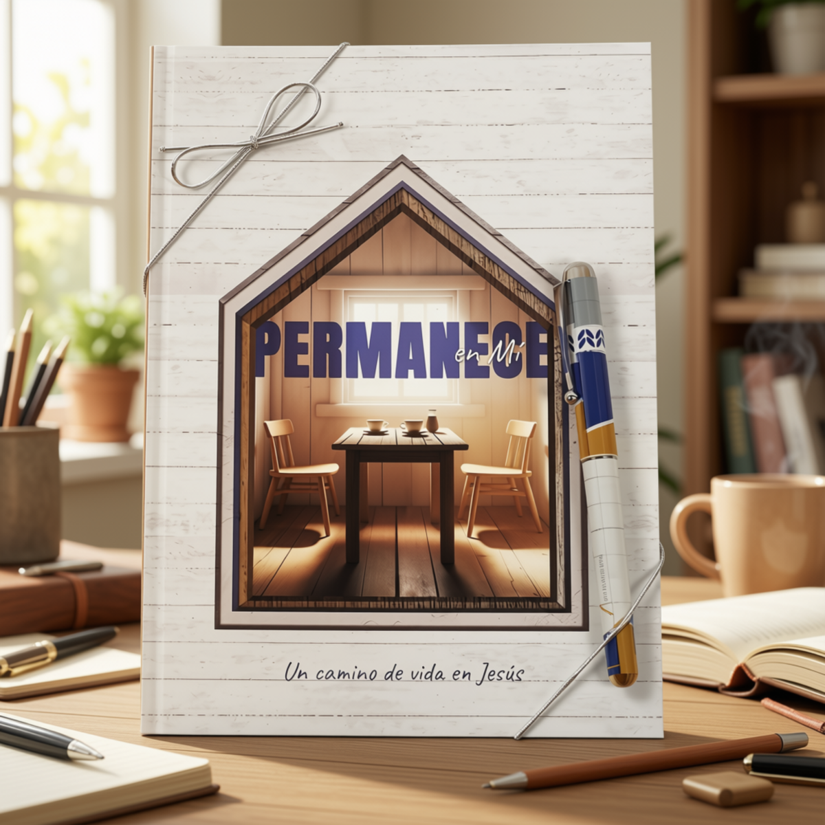 A personalized Bible study guide or booklet titled 'PERMANENTE Un camino de vida en Jesús' displayed on a wooden desk. The cover features a white wood-textured background with a house-shaped frame containing a warm interior scene of a dining table by CTA Christ to All and CTA Gifts.