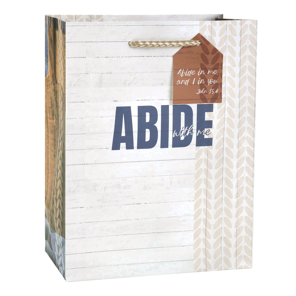 A decorative paper gift bag with a white wood-plank front panel, a beige patterned side panel, blue 'ABIDE' lettering, and a brown hanging tag that reads 'Abide in me, and I in you John 8:16' by CTA Christ to All & CTA Gifts.
