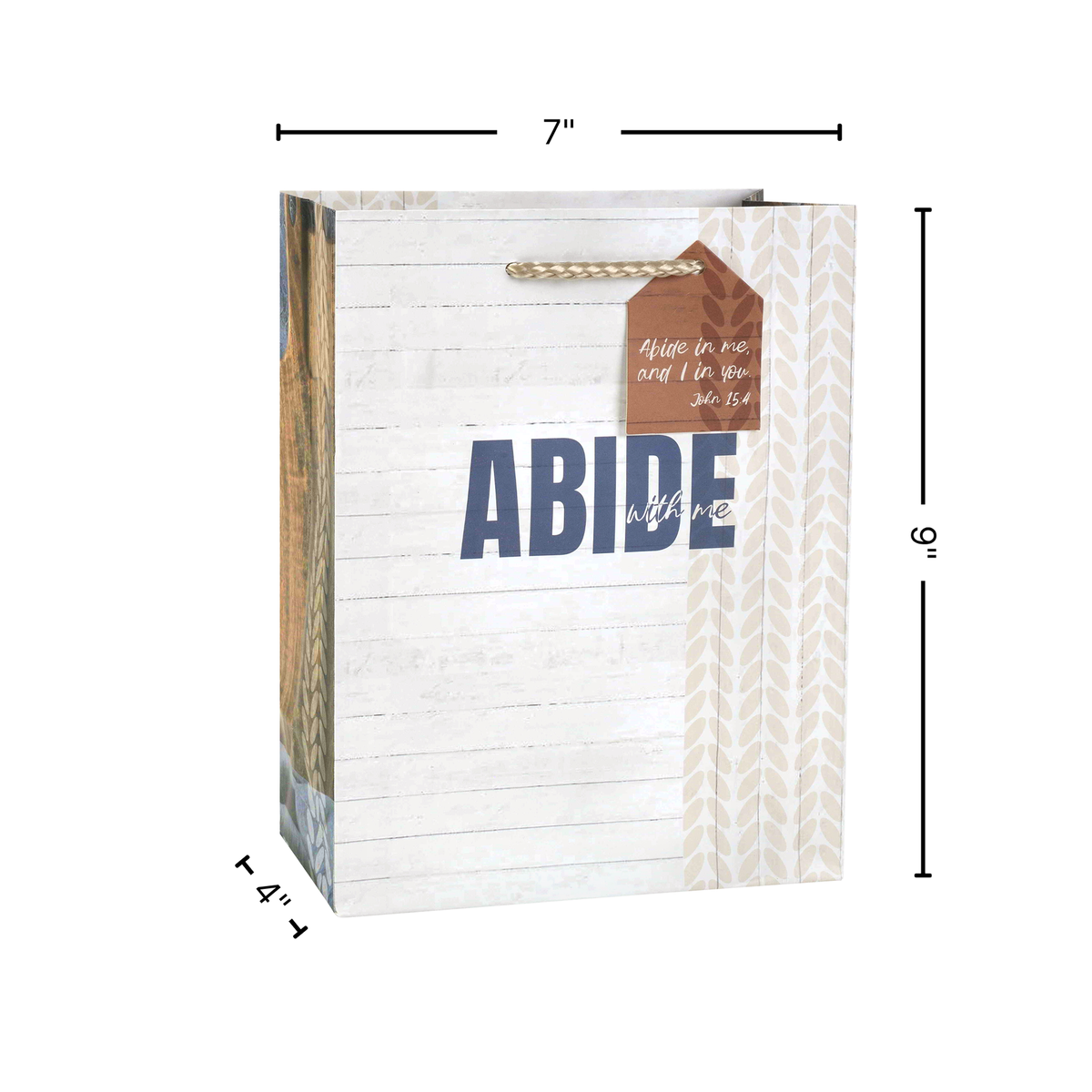 A tall paper gift bag with printed graphics and dimension lines showing measurements of 7 inches wide, 6 inches tall, and 4.5 inches deep on a white background by CTA Christ to All and CTA Gifts.