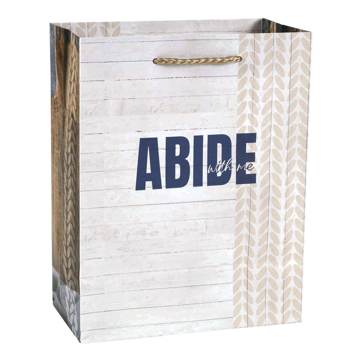 A decorative wall art print or canvas showing a rustic white wood plank background with the large text “ABIDE” in dark blue and smaller script text “with me.” Patterned side panels in beige and brown are visible along the left and right edges by CTA Christ to All and CTA Gifts.