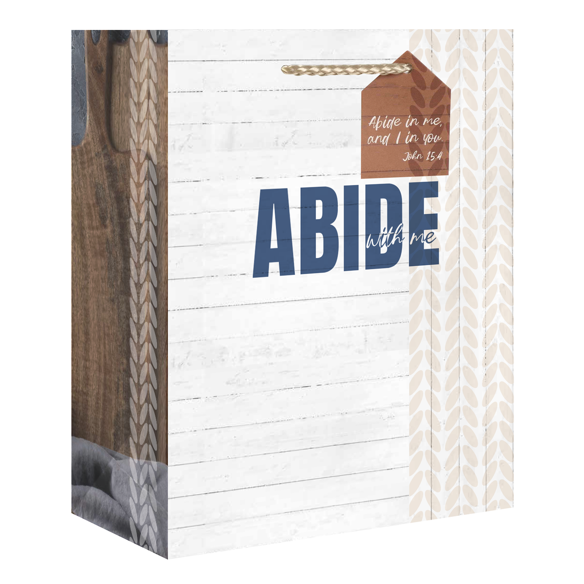 A decorative gift bag or packaging design with a white wood-plank front panel, blue 'ABIDE' text, a brown hanging tag with scripture text, and cream chevron side panels on a white background by CTA Christ to All & CTA Gifts.