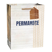 A decorative gift bag with a white wood-plank pattern, featuring the words 'ABIDE with me' in navy and white, a brown hanging tag with scripture text, and a beige geometric pattern on the right side by CTA Christ to All and CTA Gifts.