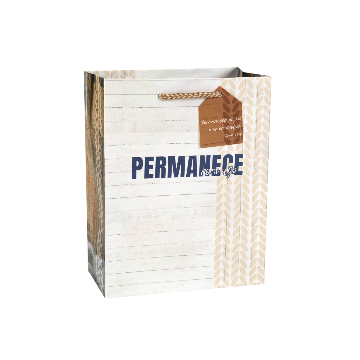 A decorative gift bag with a white wood-plank pattern, featuring the words 'ABIDE with me' in navy and white, a brown hanging tag with scripture text, and a beige geometric pattern on the right side by CTA Christ to All & CTA Gifts.