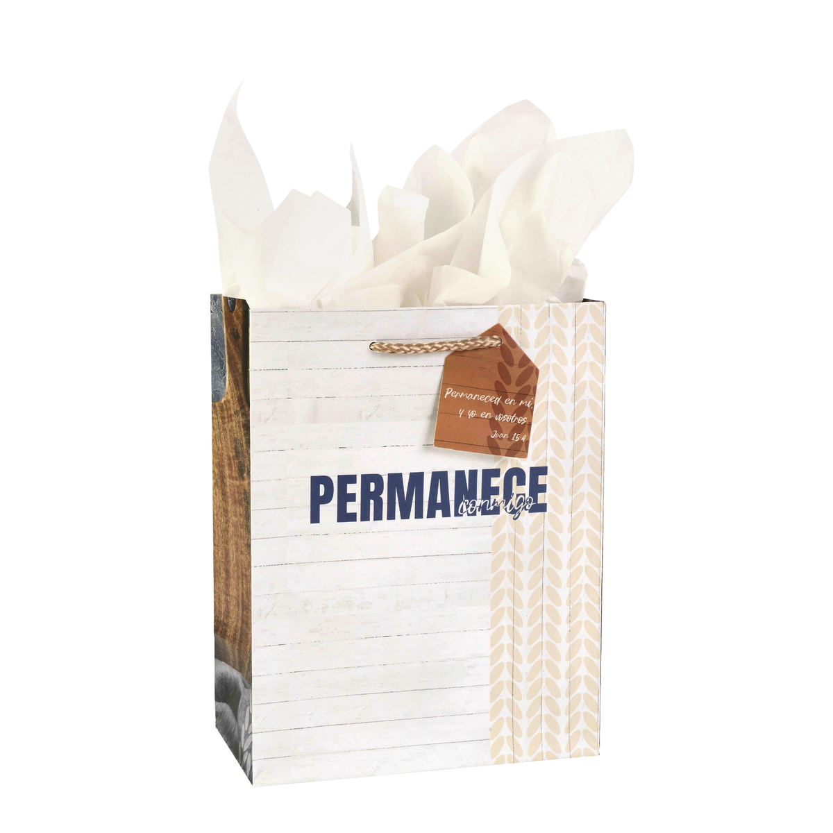 A personalized gift bag from 'Permanece with Us' featuring a white wood-plank pattern, a vertical beige chevron stripe, and navy blue text. It is filled with white tissue paper and has a brown paper hang tag by CTA Christ to All and CTA Gifts.