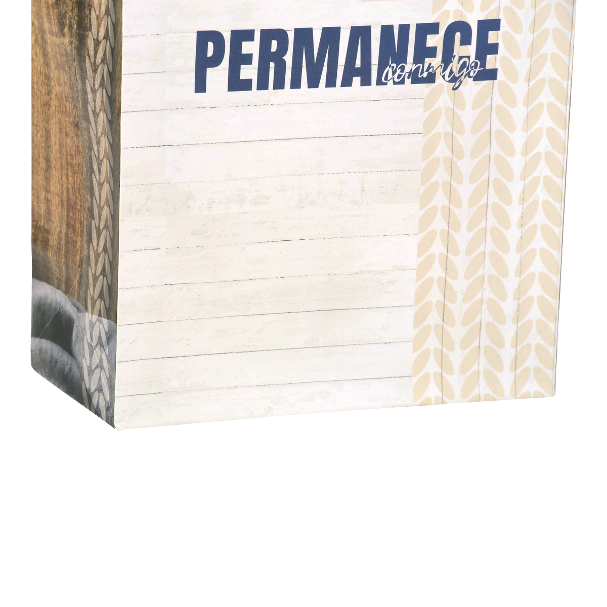 A rectangular decorative wall sign with a whitewashed wood plank face, navy blue 'PERMANENCE' text, a beige leaf pattern strip, and a rustic wood side panel, shown on a white background by CTA Christ to All and CTA Gifts.