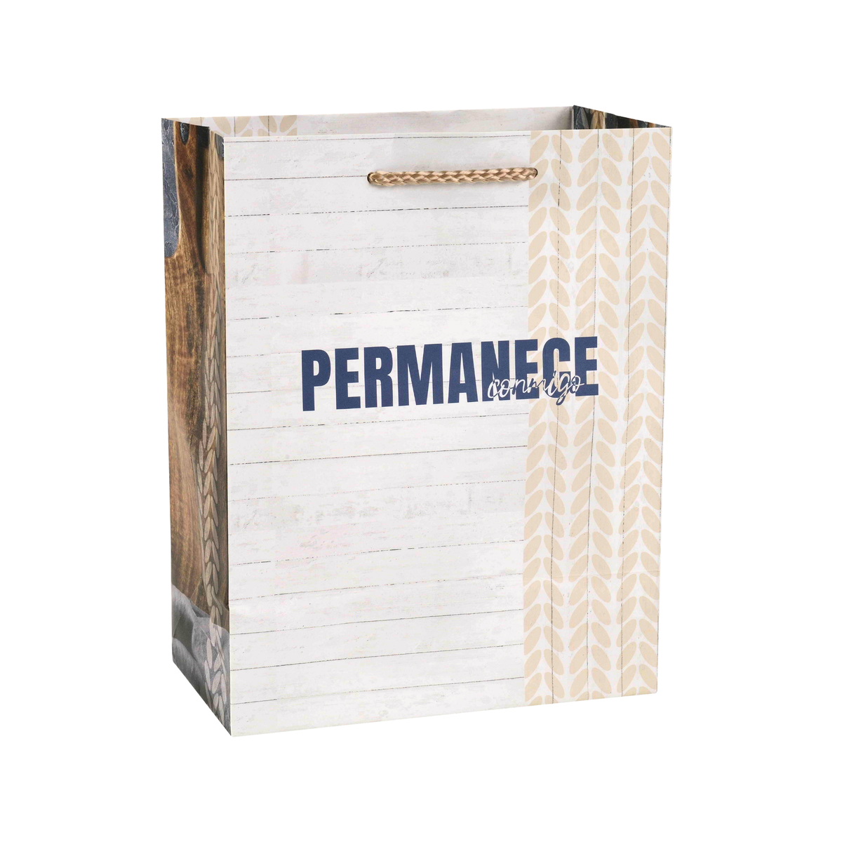 A decorative paper shopping bag with a white wood-plank pattern, a vertical beige chevron stripe, and a rustic brown wood panel on the side. The bag features the text 'PERMANECE our life' in navy blue and has a braided tan rope handle by CTA Christ to All and CTA Gifts.