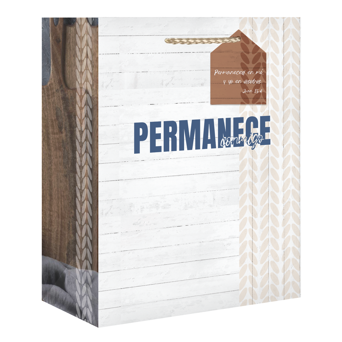 A square decorative gift bag or packaging box with a rustic white wood-plank front, blue 'PERMANECE' text, a brown hanging tag graphic, and beige chevron patterned side panels on a white background by CTA Christ to All & CTA Gifts.