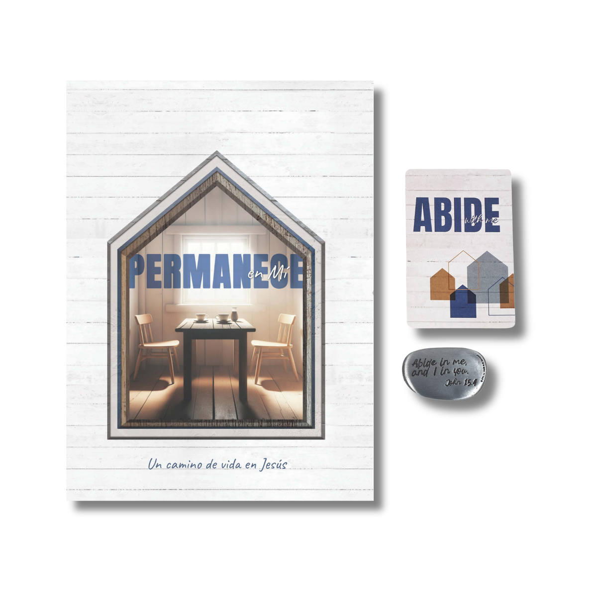 A set of Christian home decor items featuring a large white shiplap-style sign with a house-shaped window showing a dining room scene and the word 'PERMANENTE' in blue, alongside a smaller matching sign reading 'ABIDE' and a small oval metal plaque with Spanish scripture by CTA Christ to All & CTA Gifts.