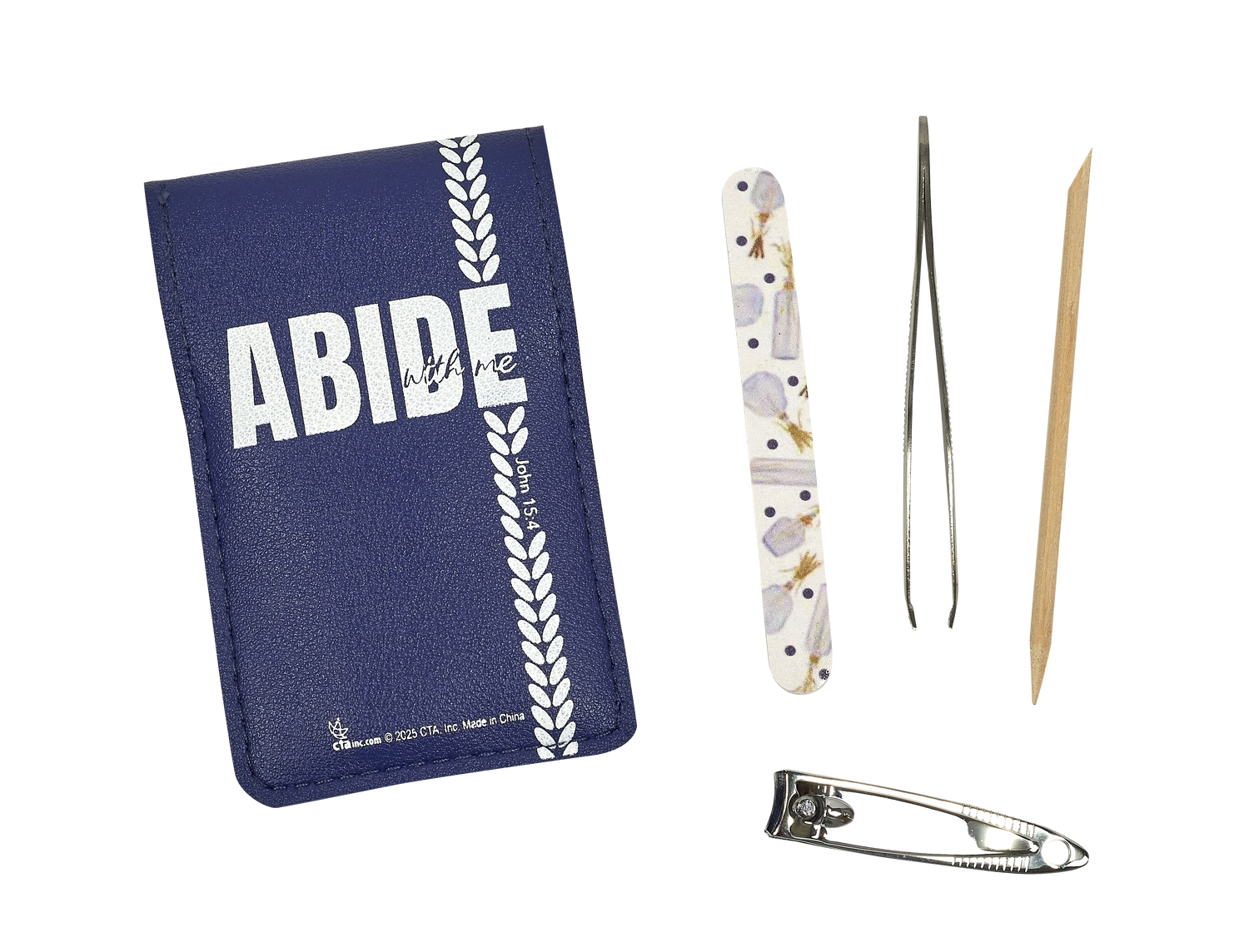 Abide with me manicure set shown with tools out of case