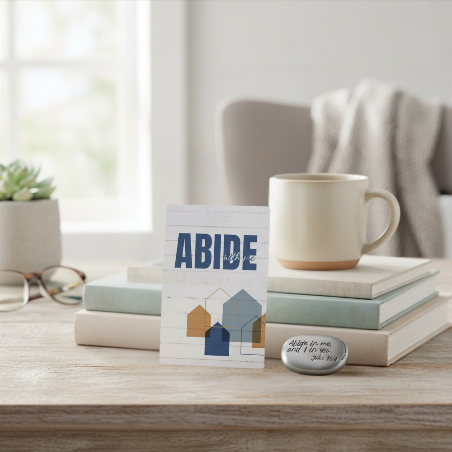 1-1/2" Pewter-Finish Thumb Stone & Reminder Card - Abide with Me