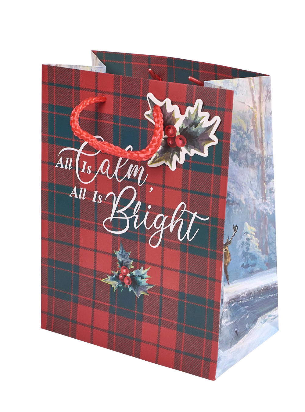 Front of Christmas gift bag  in red plaid - All Is Calm All Is Bright