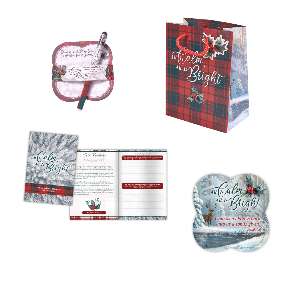 All Is Calm All Is Bright Christian Christmas Gift Value Pack with Devotion Book, Magnet, Pen & Notepad, & Gift Bag