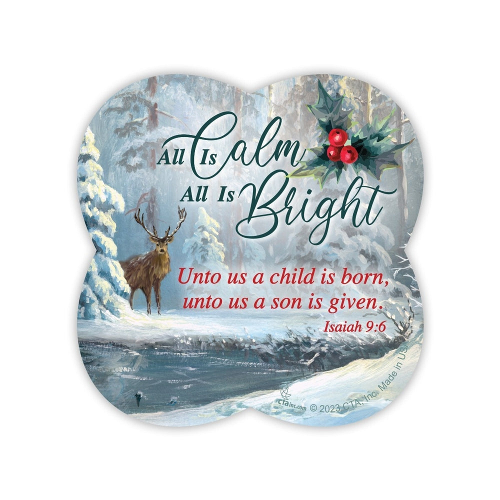 Magnet featuring scene with a stag near a snowy river & pine trees showing Bible verse Isaiah 9:6