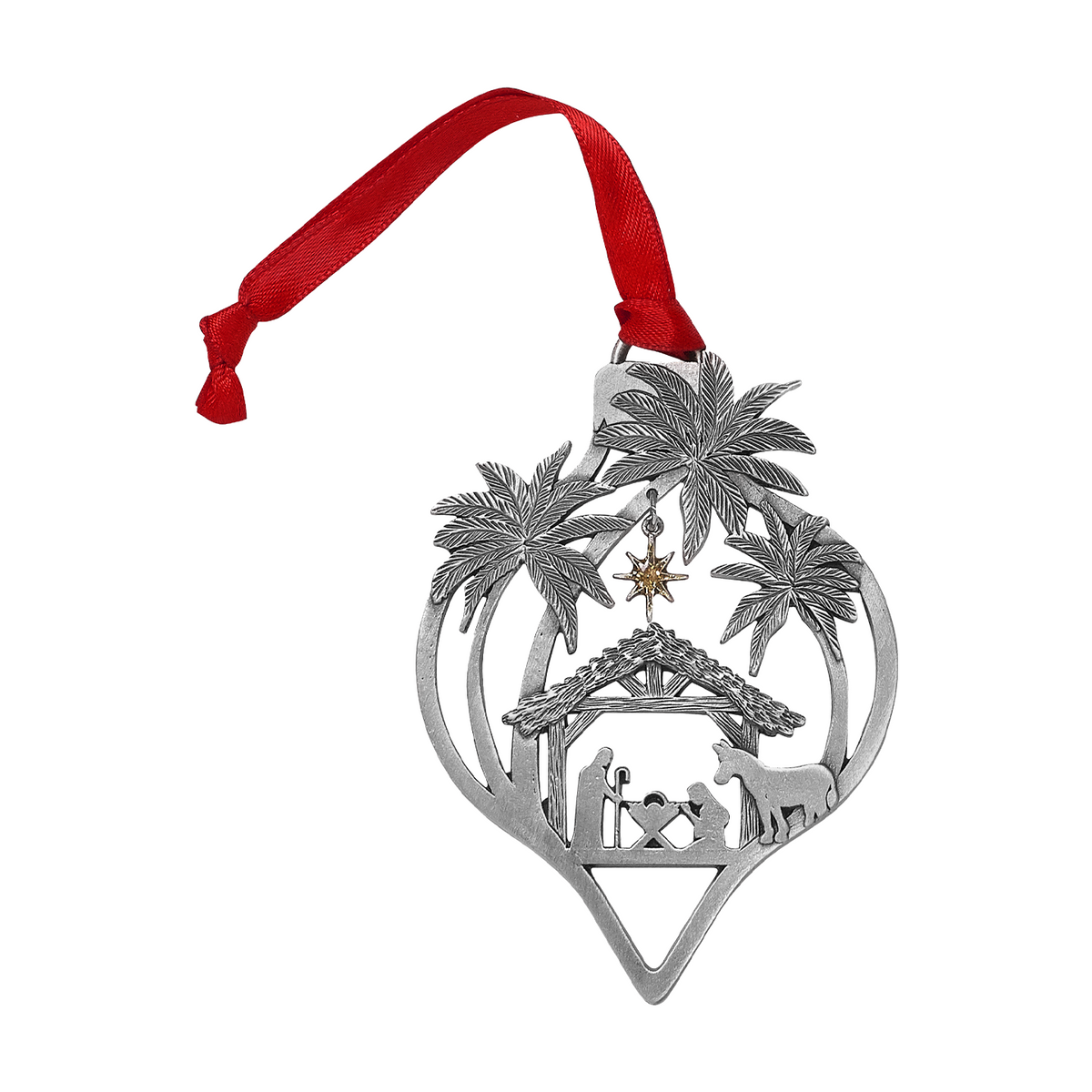 Silver-tone Nativity ornament with a red ribbon hanger, featuring palm trees, a manger scene with Mary, Joseph, baby Jesus, and a donkey beneath a hanging star by CTA Christ to All and CTA Gifts. Ornaments of Faith® trademarked.