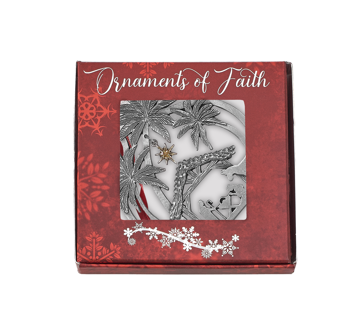 Red "Ornaments of Faith" gift box with a window displaying a silver-tone Nativity ornament featuring palm trees, a manger scene, and a hanging star by CTA Christ to All and CTA Gifts. Ornaments of Faith® is trademarked.