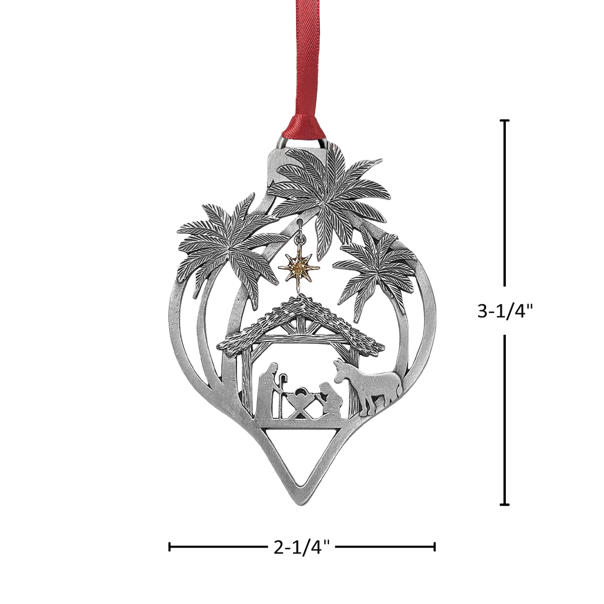 Silver-tone Nativity ornament with a red ribbon hanger, featuring palm trees, a manger scene with Mary, Joseph, baby Jesus, a donkey, and a hanging star. Ornament measures 3¼ inches tall by 2¼ inches wide by CTA Christ to All and CTA Gifts. Ornaments of Faith® is trademarked.
