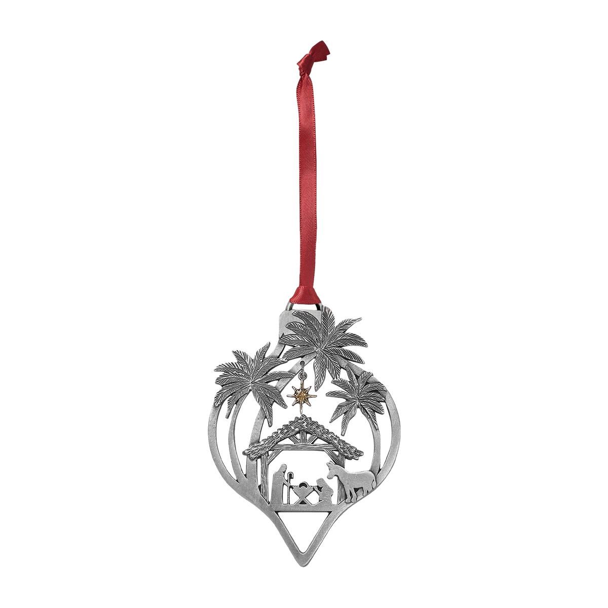 Pewter-finish Nativity ornament with a red hanging ribbon, featuring palm trees, a stable scene with Mary, Joseph, baby Jesus, a donkey, and a gold-tone star overhead by CTA Christ to All and CTA Gifts. Ornaments of Faith® is trademarked.