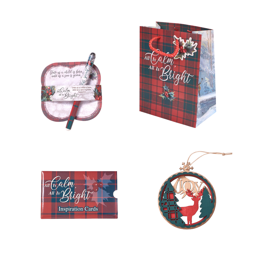 All Is Calm All Is Bright Christian Christmas Gift Set includes Notepad & Pen, Inspirational Cards, Ornament & Gift Bag