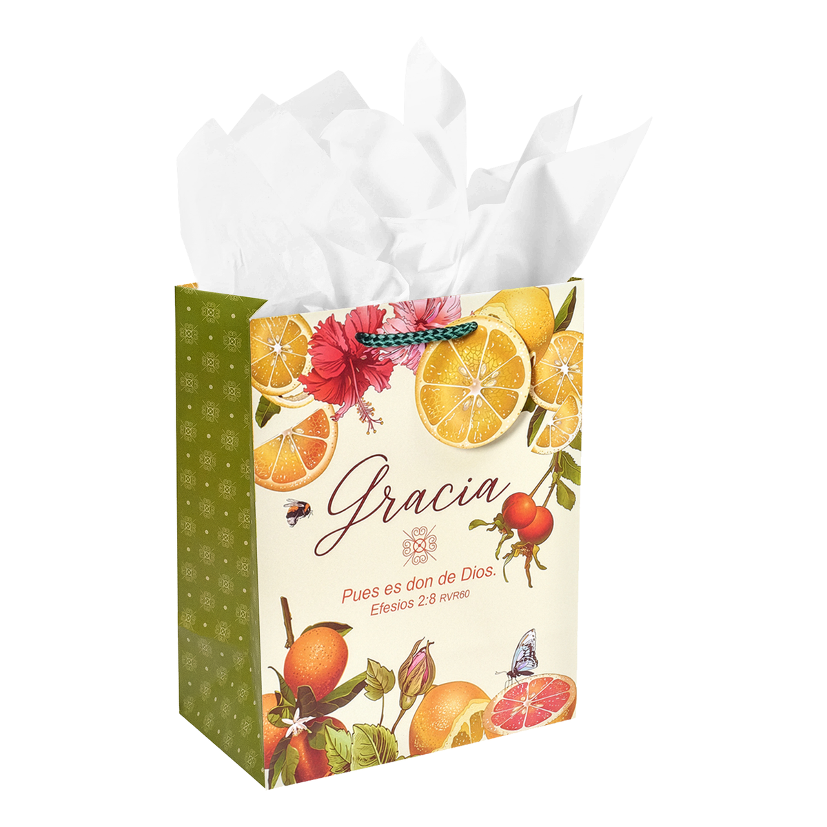 A decorative gift bag with white tissue paper inside, featuring fruit illustrations, Spanish text, and the name 'Gracia' on a white background by CTA Christ to All and CTA Gifts.