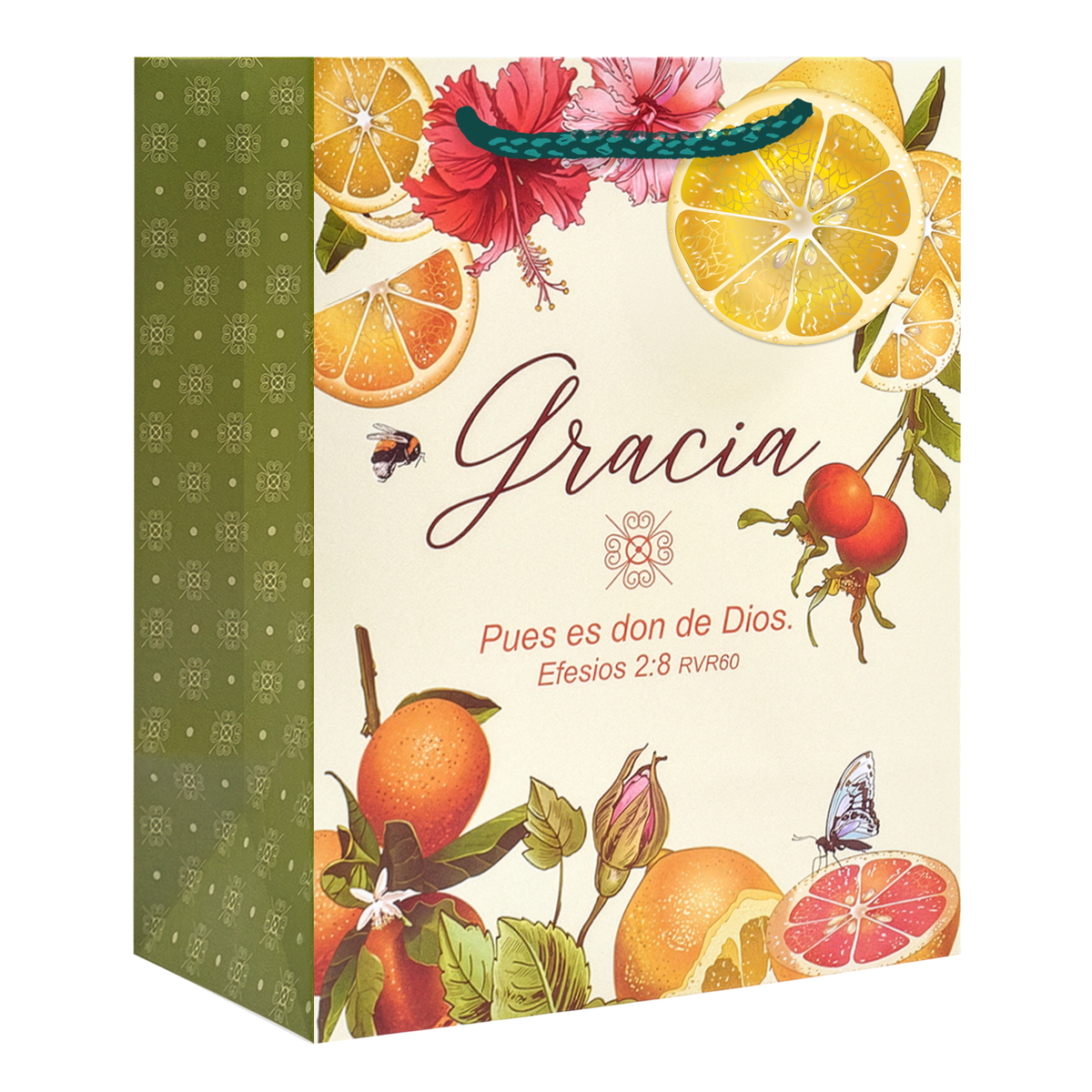 A decorative gift bag with a cream front panel and olive green patterned side panel, printed with fruit slices, flowers, and the Spanish text 'Gracia' and 'Pues es don de Dios: Efesios 2:8 RVR80' by CTA Christ to All & CTA Gifts.